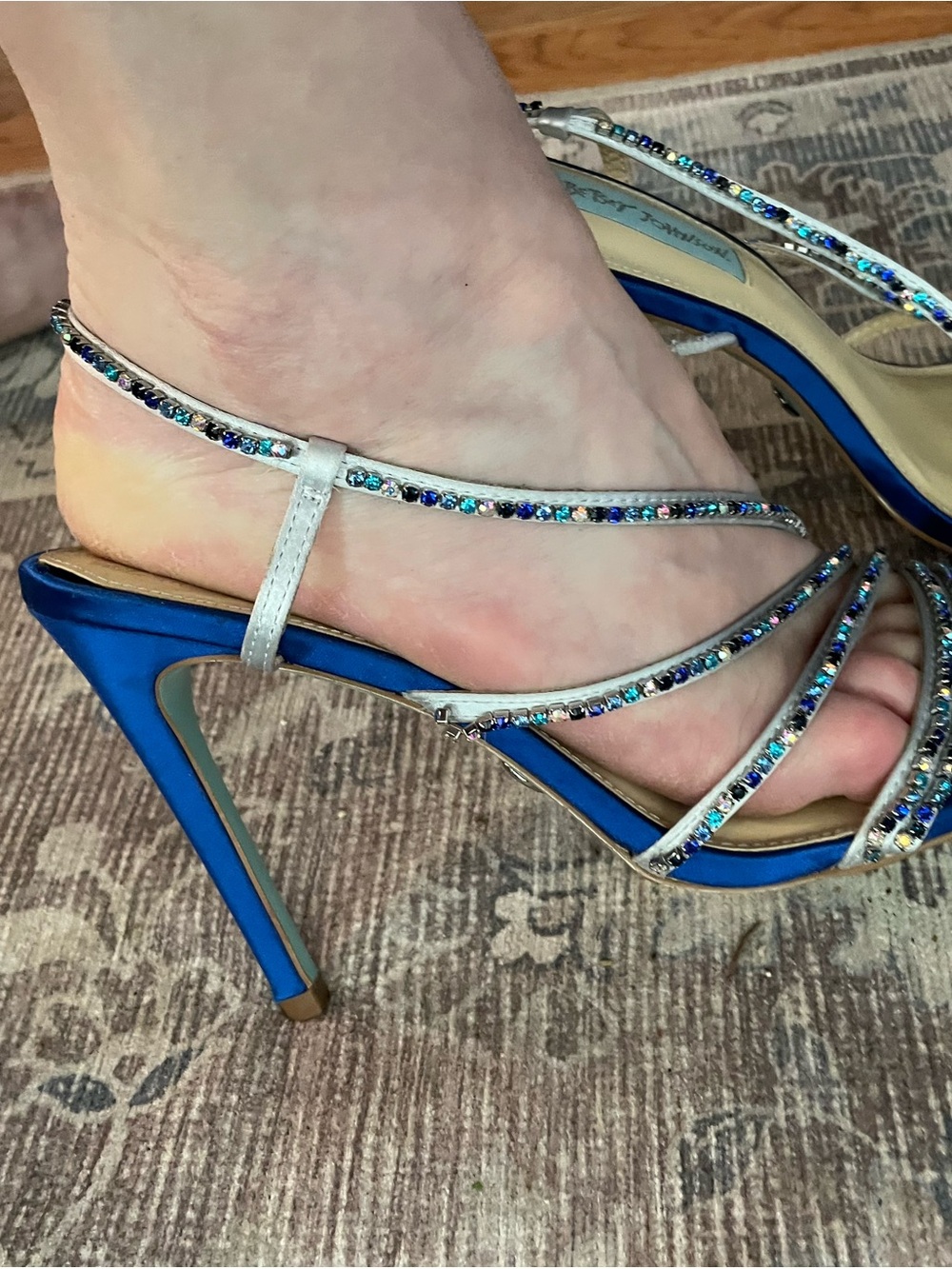 Betsey Johnson Blue Satin Strappy Crystal Embellished Stilettos